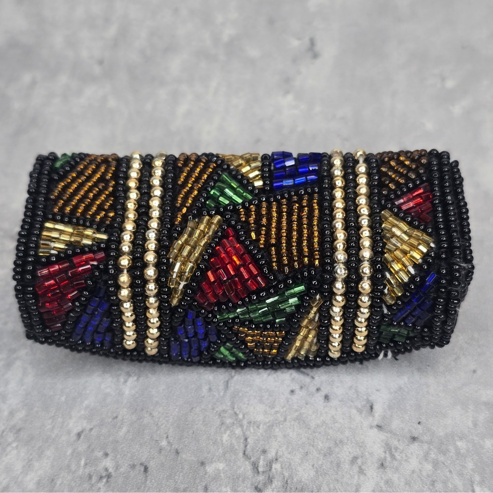 Vintage 80s Beaded Lipstick Case Mirror Geometric Mosaic Black Gold Multi Color - Picture 4 of 8